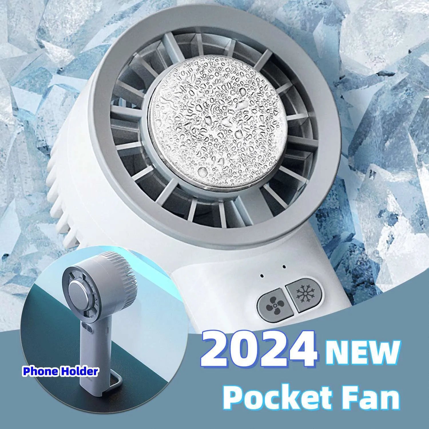 White handheld portable fan with turbo jet airflow and ice-cooling function