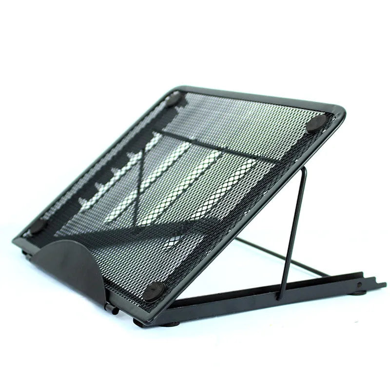 Silver folding laptop stand holding a laptop at an angle