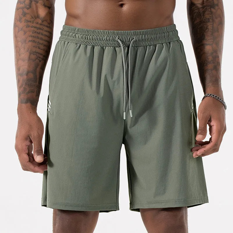 Men's black ice silk quick-drying sports shorts with drawstring waist and cropped length