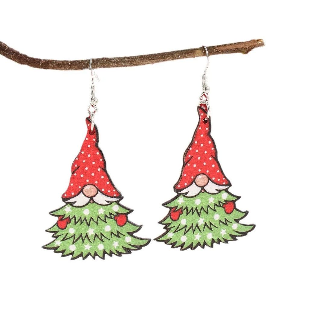 Wooden Christmas earrings with printed Santa Claus designs in geometric shapes