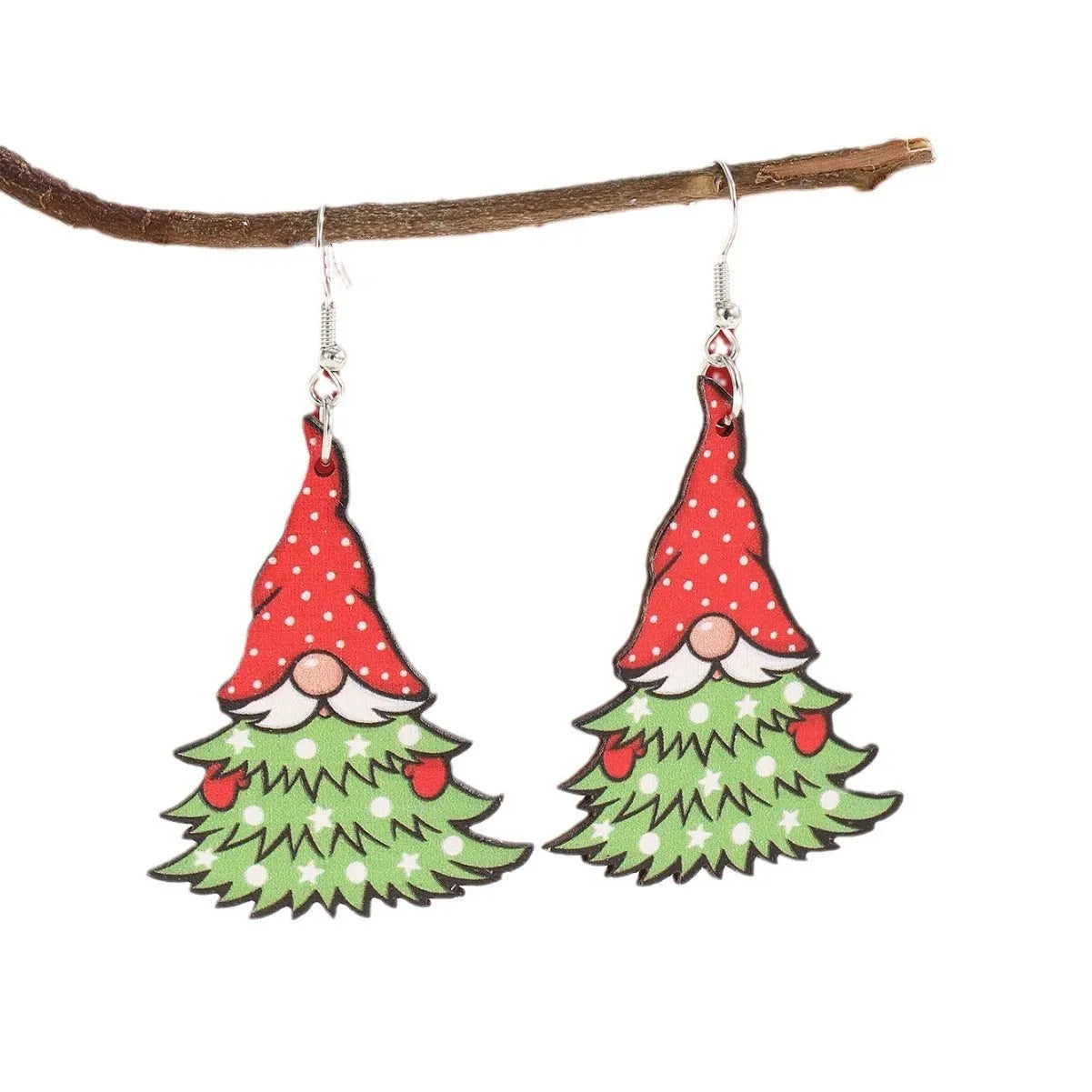 Wooden Christmas earrings with printed Santa Claus designs in geometric shapes