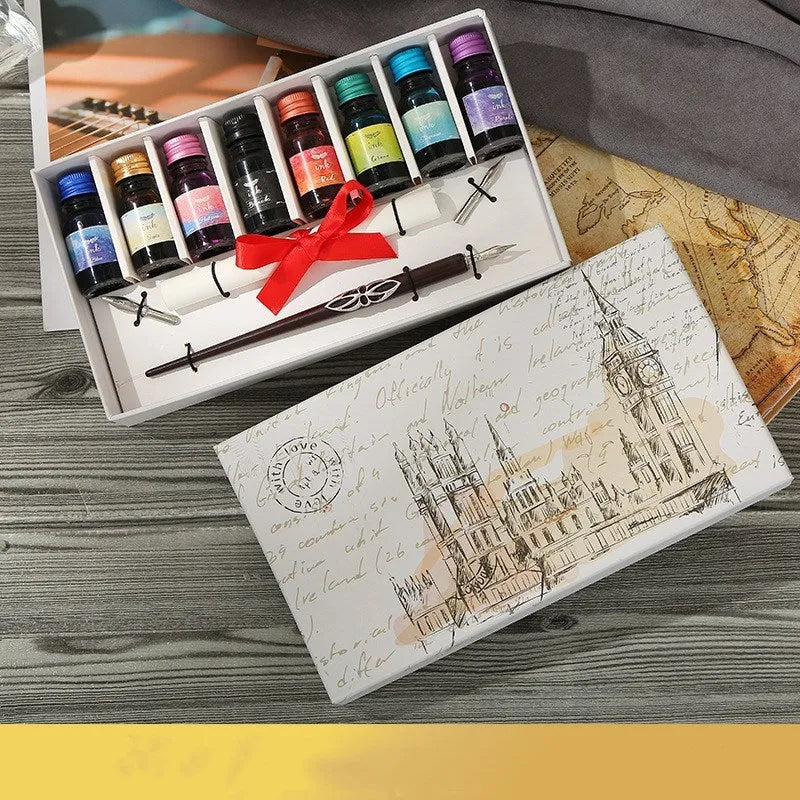 Wooden dip pen calligraphy set with coloured ink bottles in a wooden presentation box
