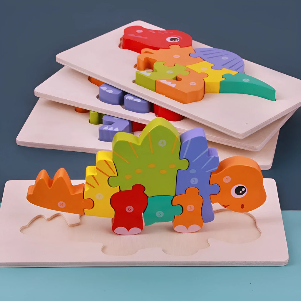 Wooden dinosaur 3D puzzle set for children with six designs including T-Rex and Triceratops