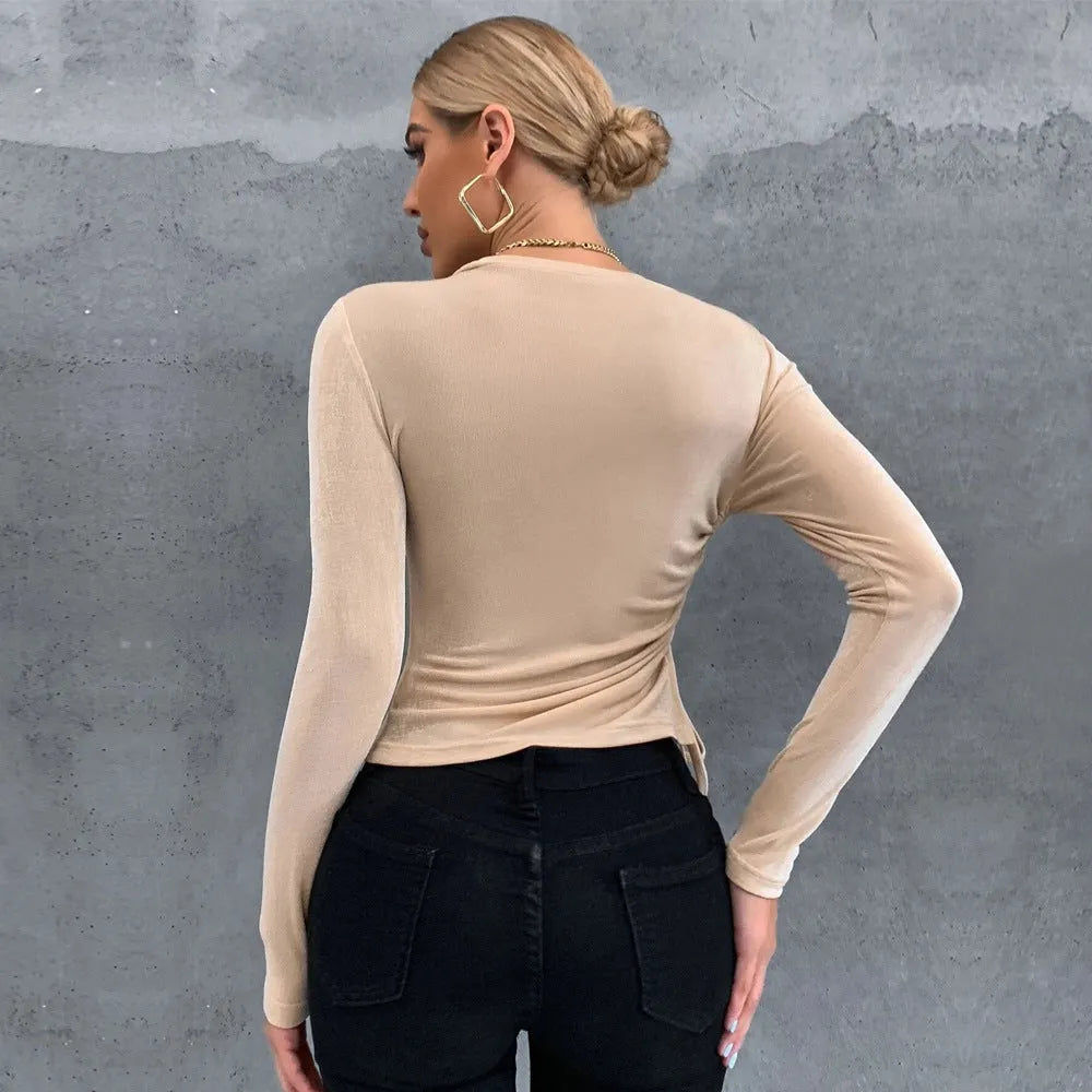Slim-fit round-neck long-sleeve glossy knit top in solid khaki for women