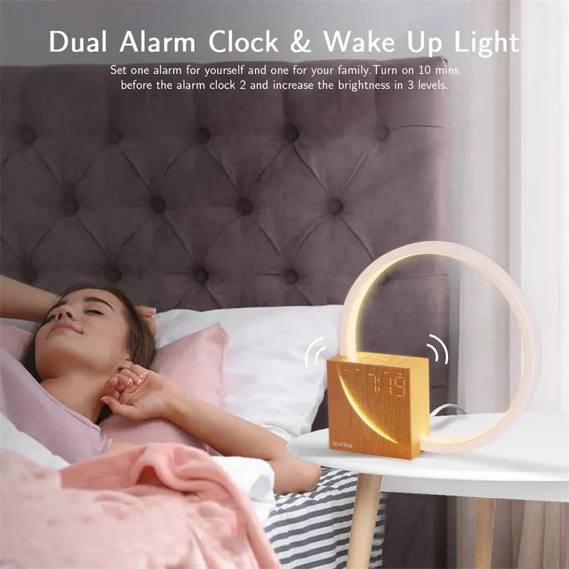 Navy Blue touch-control bedside lamp with digital alarm clock display and integrated speakers