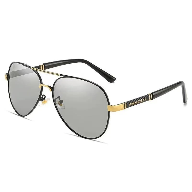 Men's polarised sunglasses with a metal frame, available in gold, black, and silver colour options.