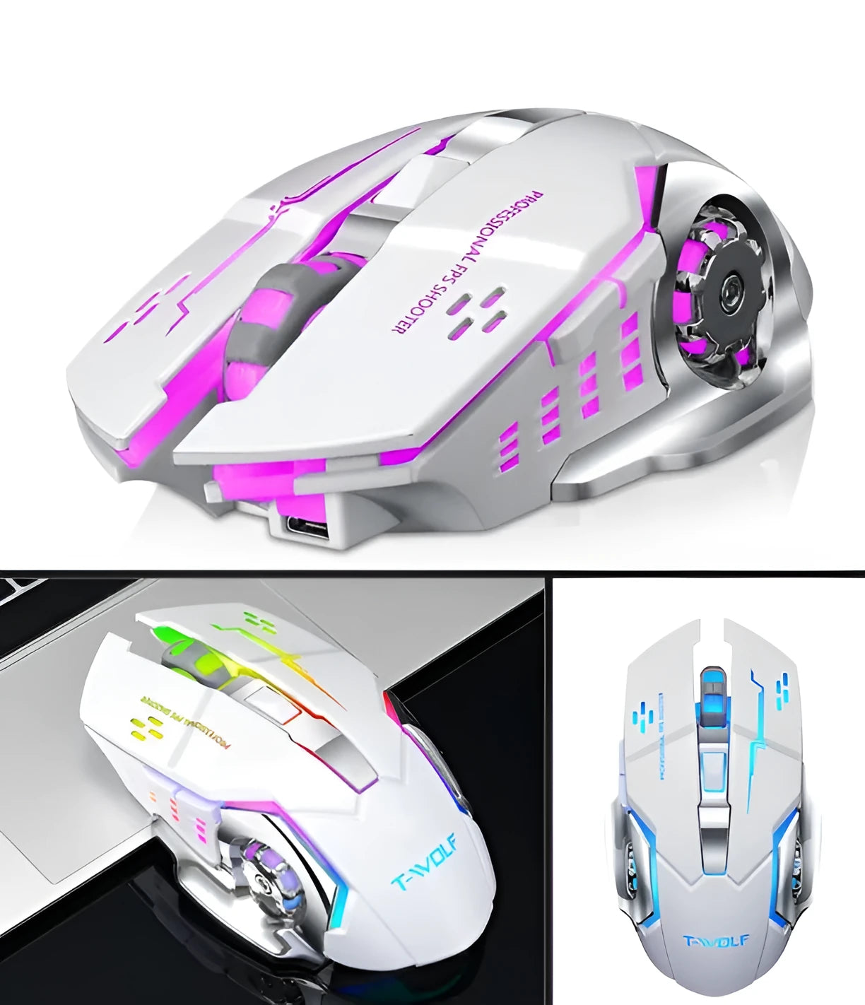Black and white wireless mouse with USB charging port and silent click buttons