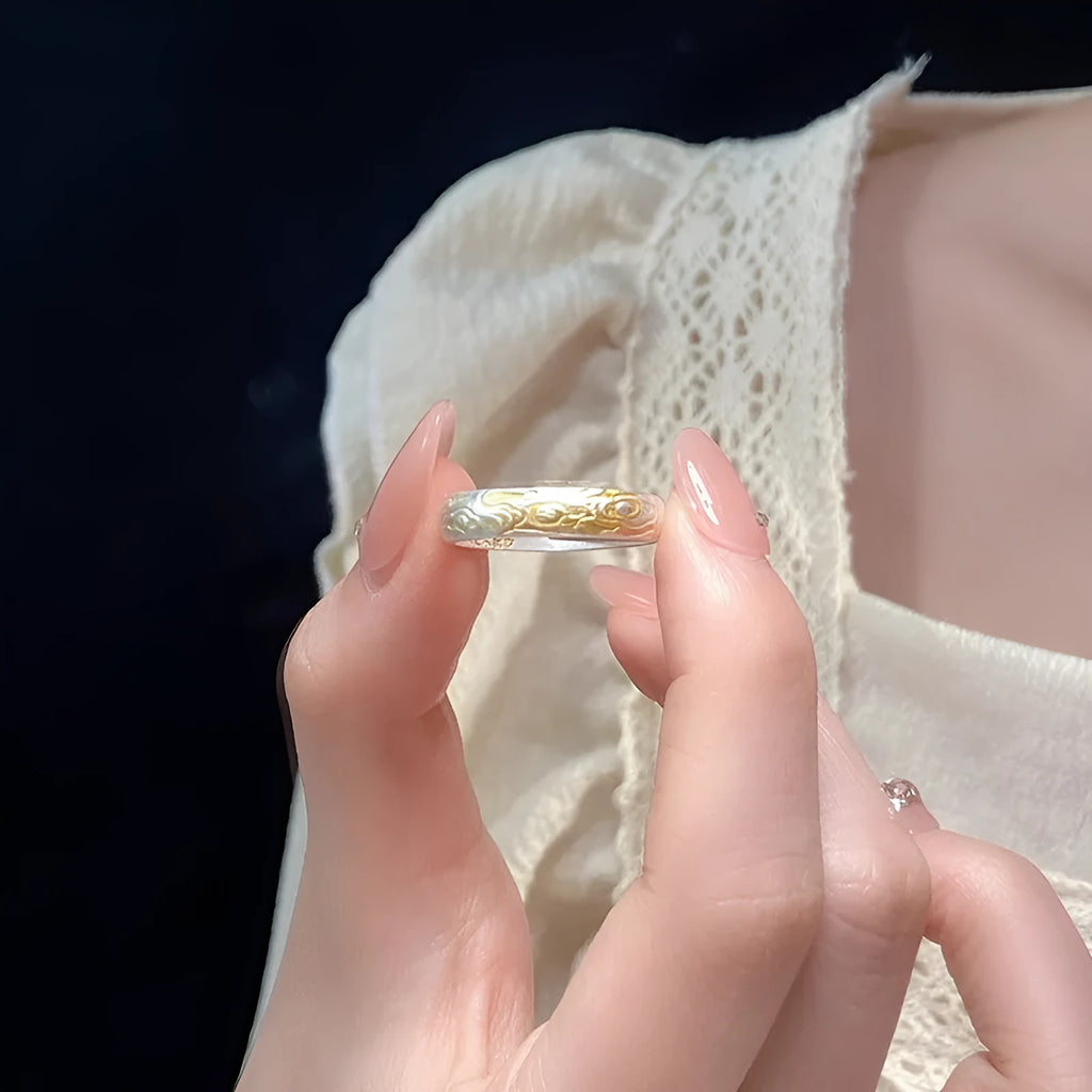White copper geometric ring with xiangyun pattern and silver gold electroplating, open mouth adjustable design