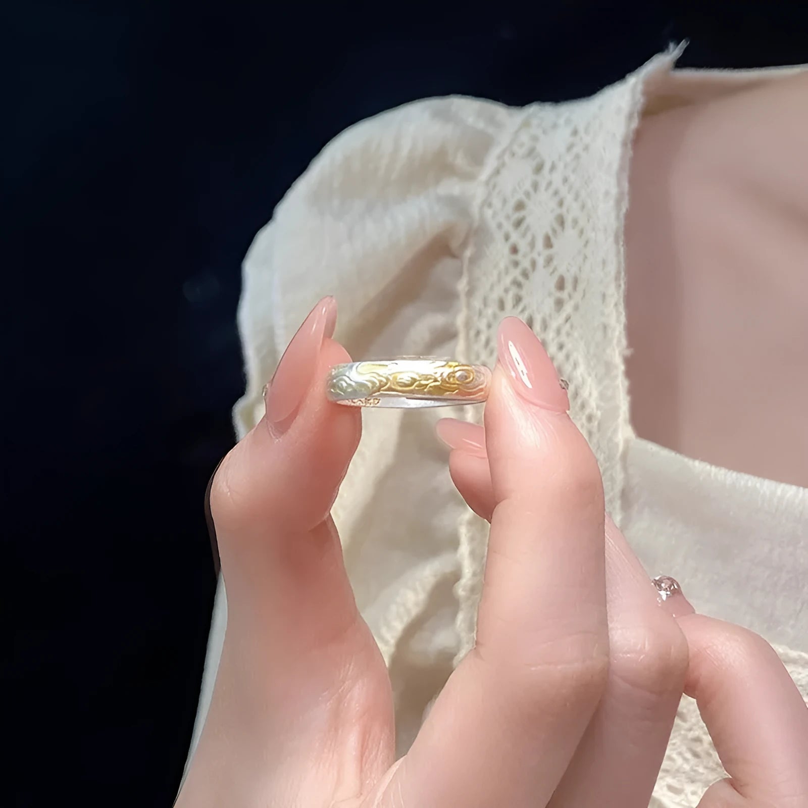 White copper geometric ring with xiangyun pattern and silver gold electroplating, open mouth adjustable design