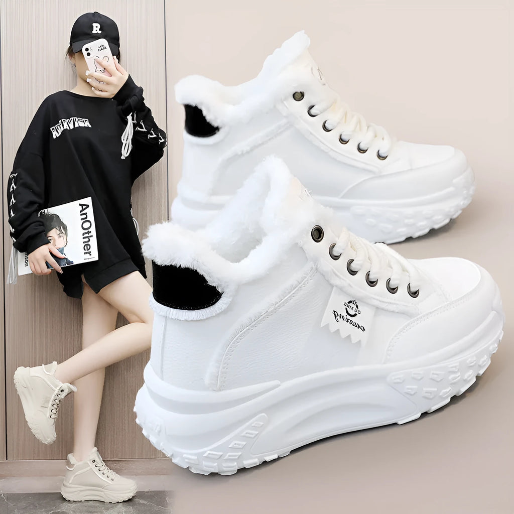 Ladies casual low top sneakers in white with thick rubber sole and round toe