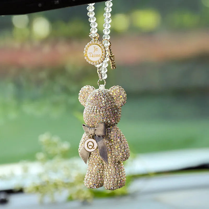 Violent bear car rearview mirror pendant with embedded artificial crystal rhinestones measuring 5x9cm