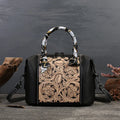 Vintage-style square leather messenger bag in black with zipper pockets and polyester cotton lining.