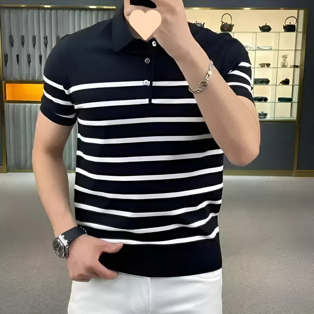 Black and white striped lapel collar on a knitted pullover T-shirt