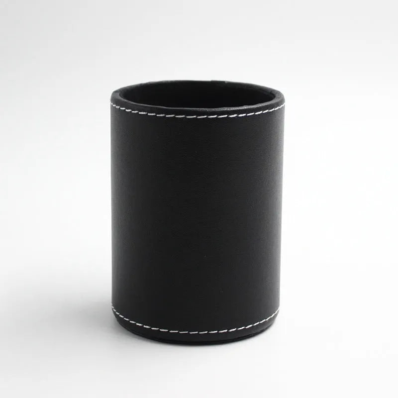 Black leather cylindrical pen container showing 8cm diameter and 10.8cm height dimensions