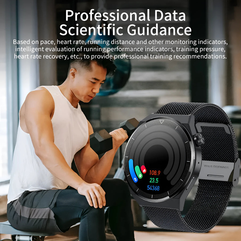 Black silicone strap smartwatch with silver case vinyl, showing TFT touch screen displaying heart rate data