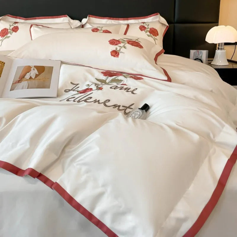Pure cotton four-piece bedding set in solid colour with embroidery, including quilt cover 200x230cm and pillowcases 48x74cm