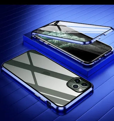 Anti-spy clamshell iPhone case in aluminium and glass, shown in black, silver, red, gold, green, and blue colour options.