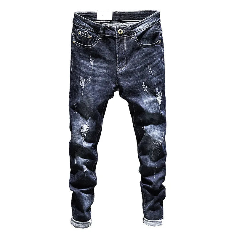 Men's slim-fit blue jeans with a mid-waist, shown in dark blue and light blue colour options.