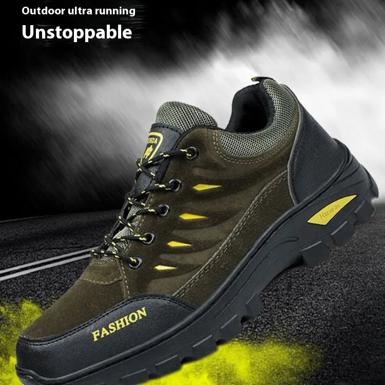 Men's brown suede hiking shoes with rubber soles and casual sneaker styling