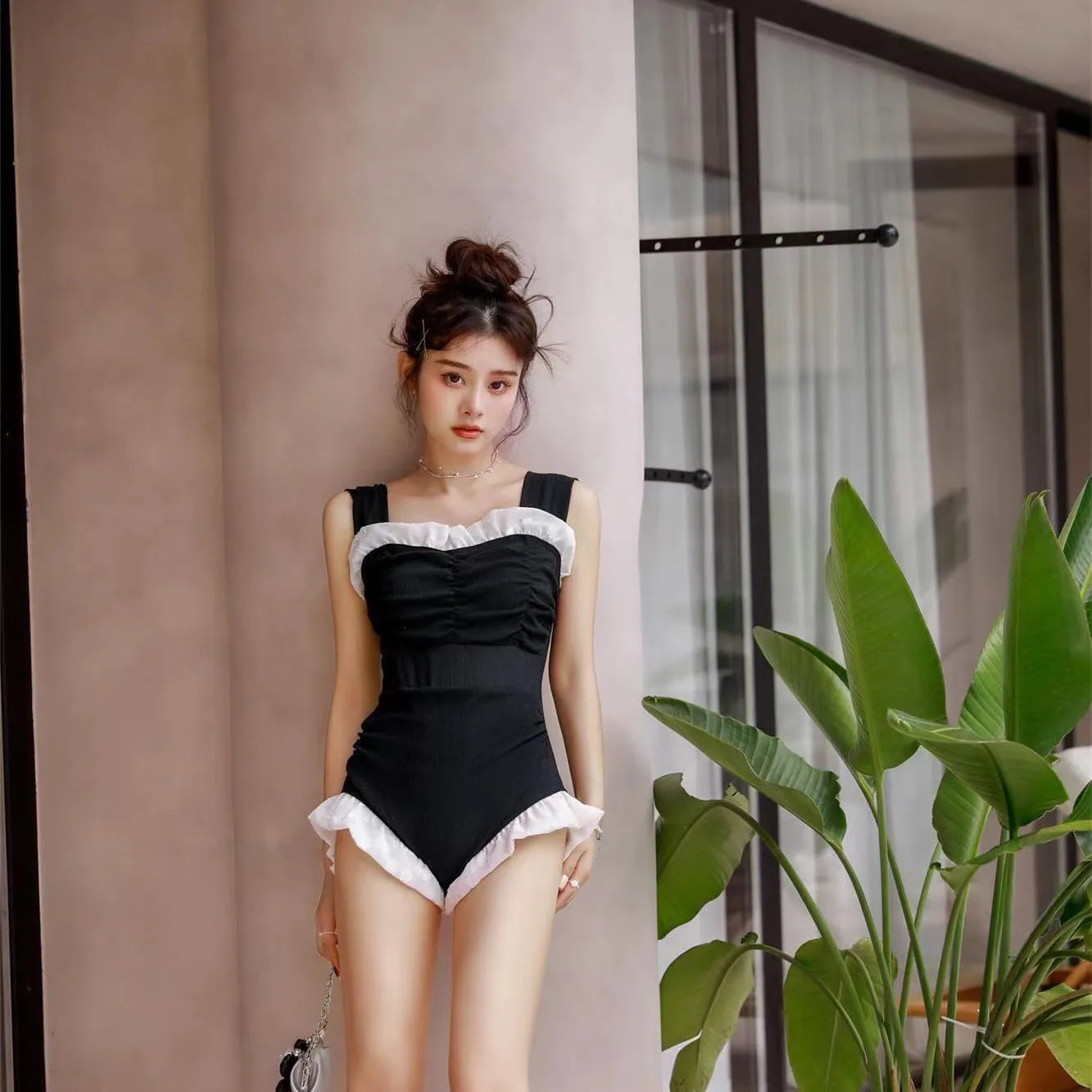 Korean style high-waisted one-piece swimsuit in quick-dry polyester fabric