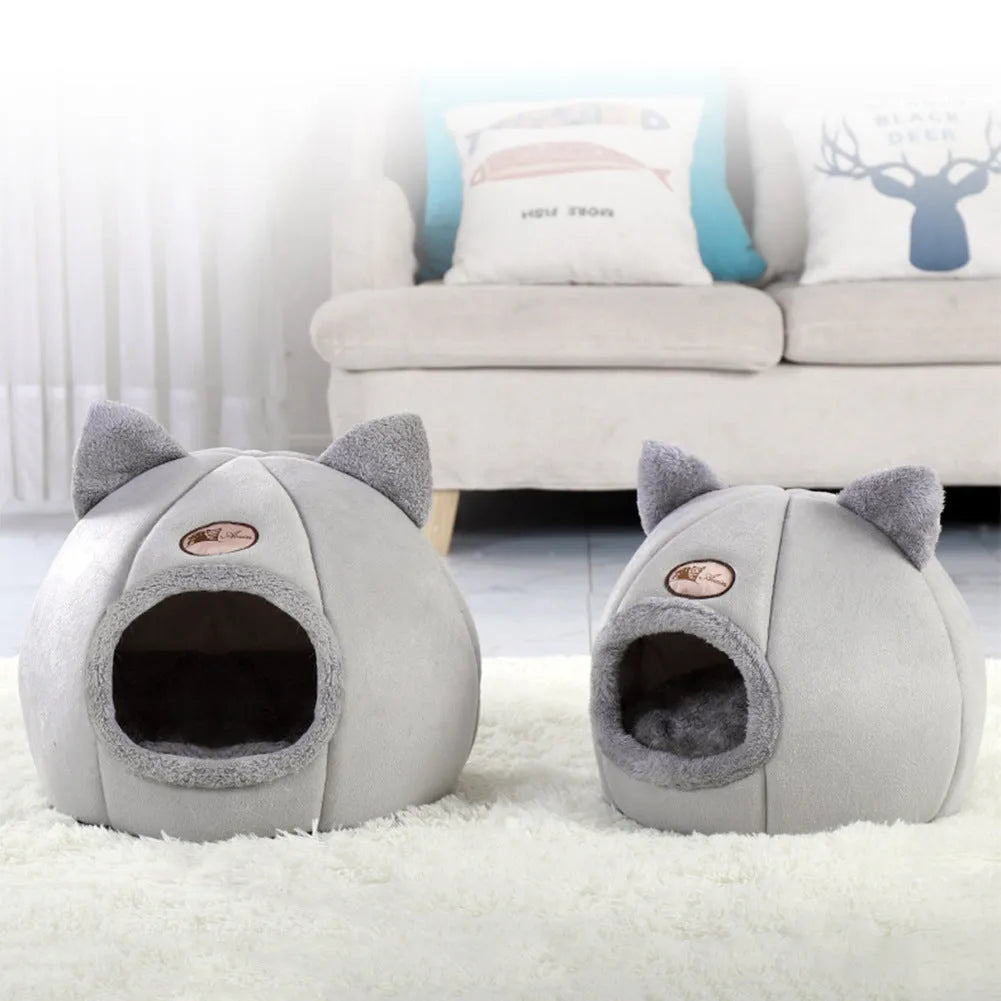 Grey fleece enclosed cube cat bed with entrance hole, shown in small, medium, and large sizes.