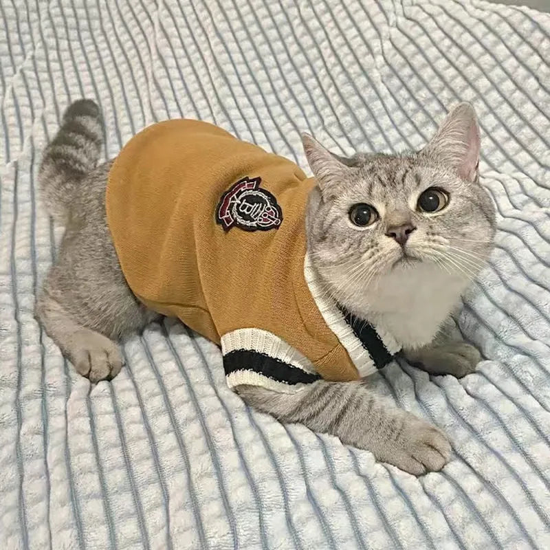 Winter cat clothing in blue duck colour on British Shorthair cat showing size range XS to 2XL