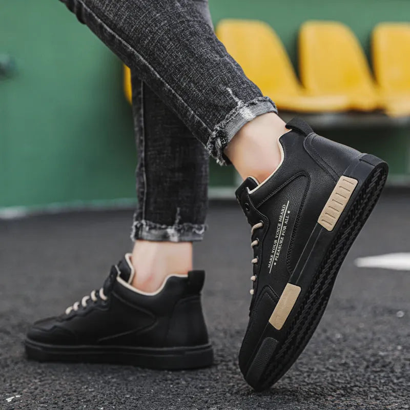 High-top synthetic leather panel shoes with tassel detail, lace-up closure, black beige colour, side view