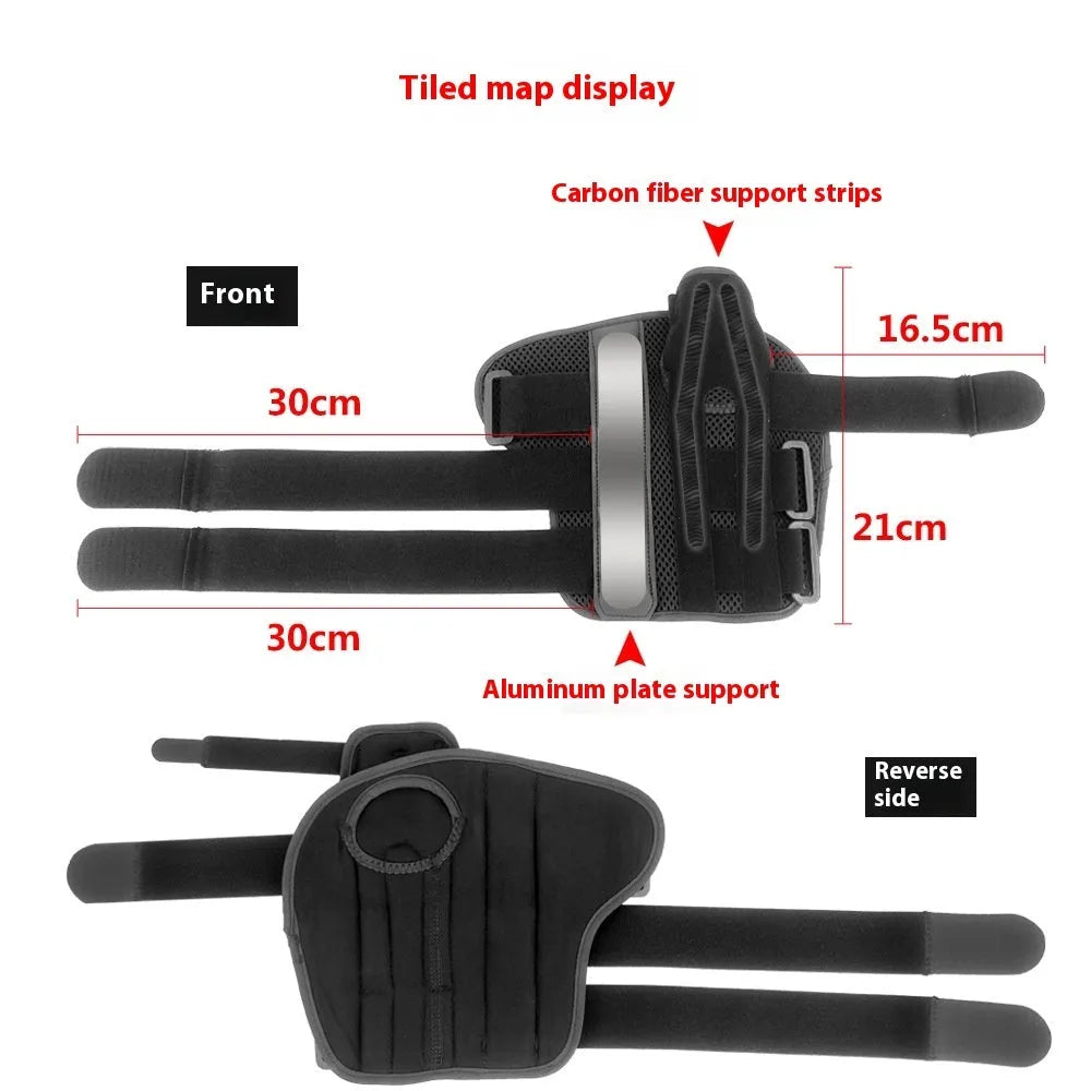 Black carbon fibre wrist guard with grey edging and thumb strap for sports support