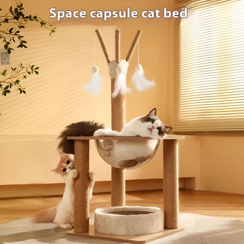 Wooden cat climbing frame with integrated space capsule in luxury grey finish