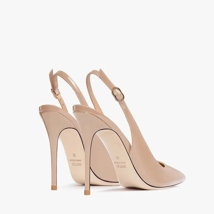Women's nude high heels with hollow ankle strap and button fastening, 10cm heel