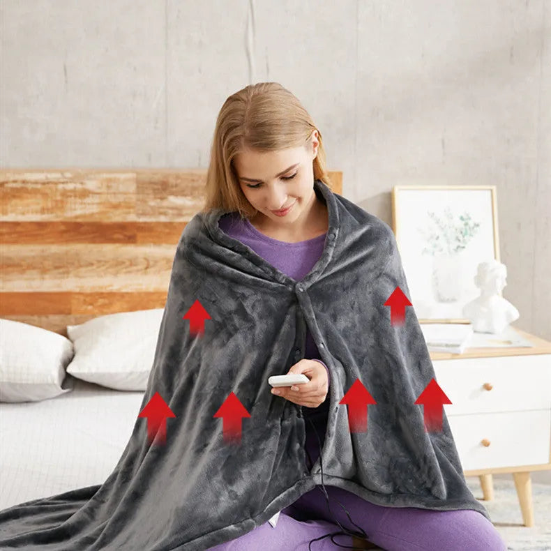 Dark grey USB heated flannel blanket showing soft coral fleece texture and attached USB cable