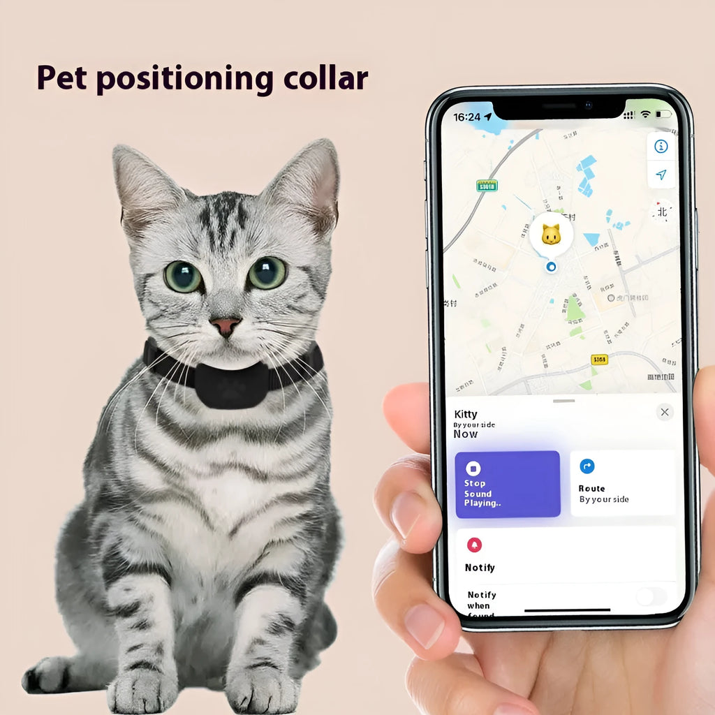 Black Bluetooth pet positioning collar for cats and puppies with an adjustable strap.