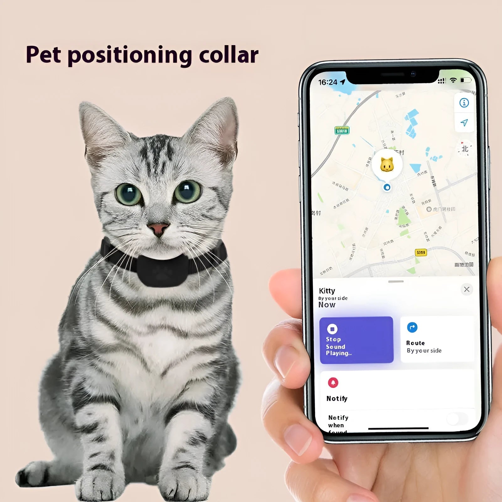 Black Bluetooth pet positioning collar for cats and puppies with an adjustable strap.