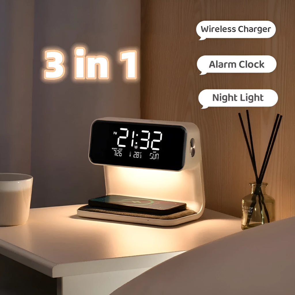 White 3-in-1 bedside lamp with wireless charging pad, LCD screen clock, and touch dimming.