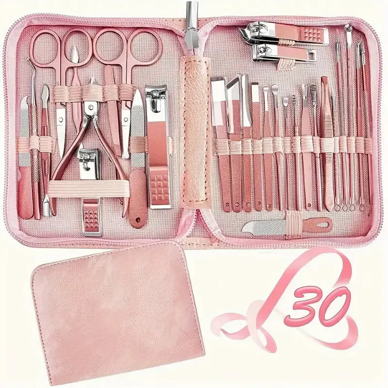 30-piece stainless steel nail beauty tool set shown in one of five colour options: black, blue, green, pink, or rose gold.