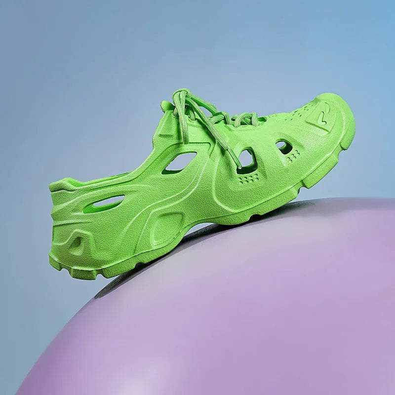EVA thick bottom sandals in fluorescent green, orange red, and rose red colours showing unisex beach shoe design