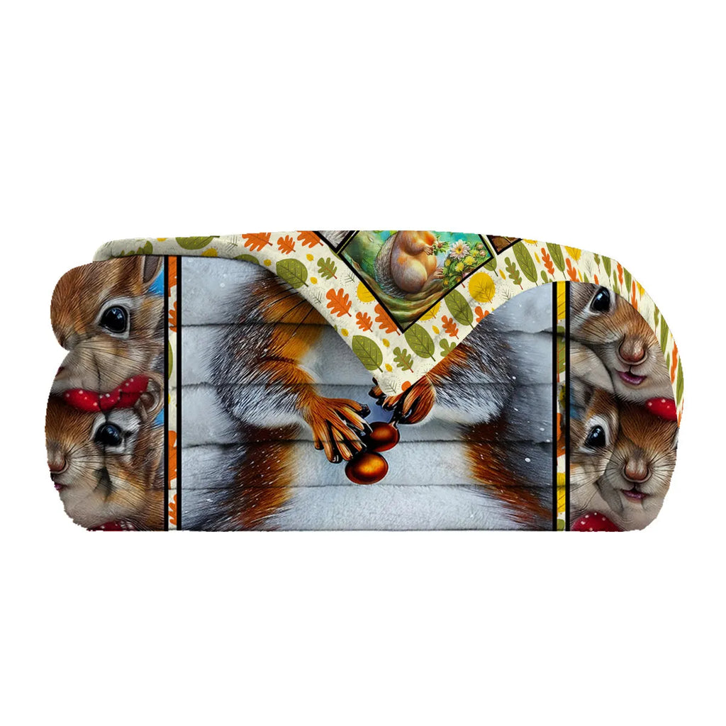 Soft flannel white bellied squirrel printed throw blanket on a sofa, yellow colour, hemmed edges
