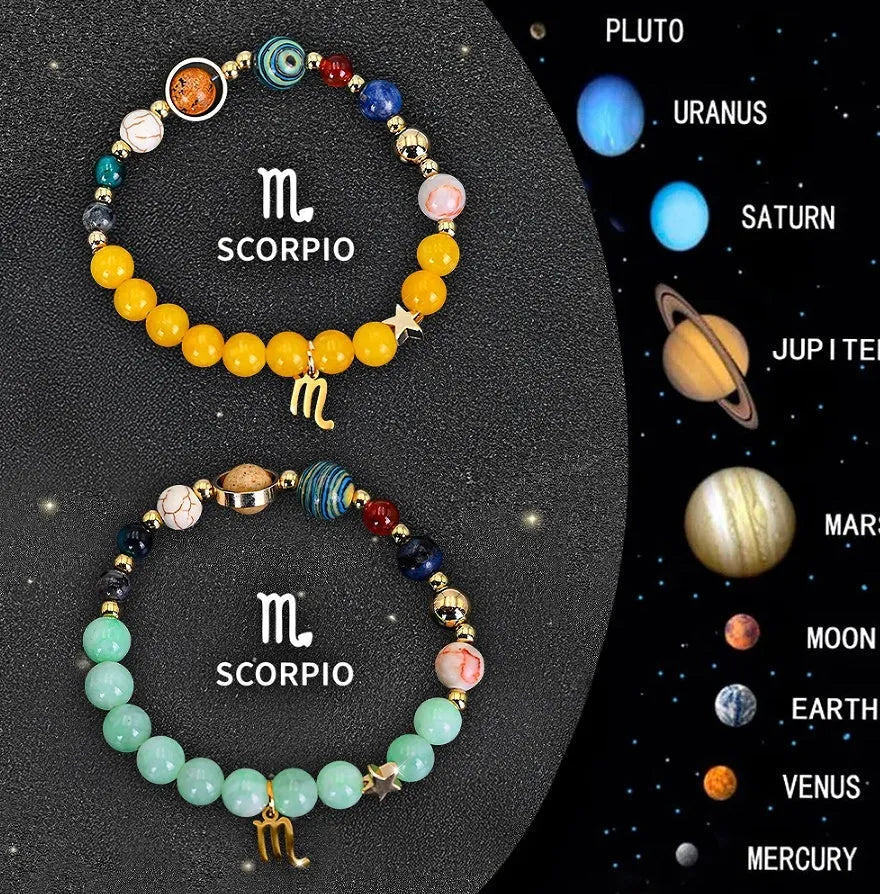 Set of two natural stone beaded bracelets showing different zodiac sign designs.