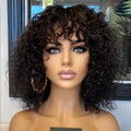 Black deep curly fringe human hair wig with bangs on a mannequin head, 12 inch length