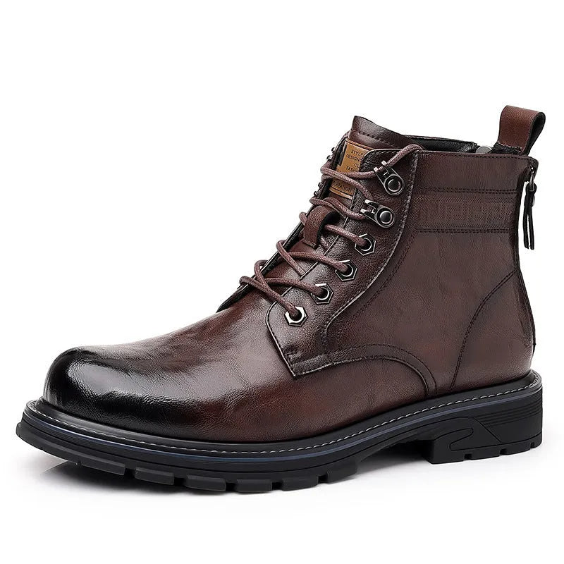 Black and brown leather Martin boots with square heel and high ankle