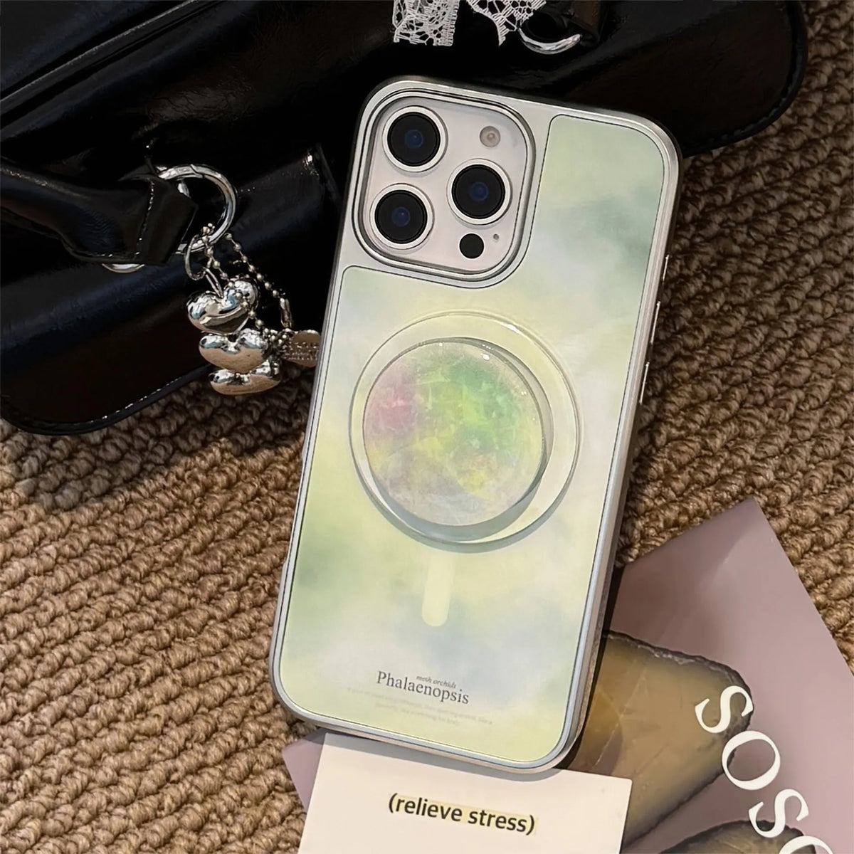 Green stone pattern phone case with silver electroplated edge and magnetic suction bracket for Apple iPhone