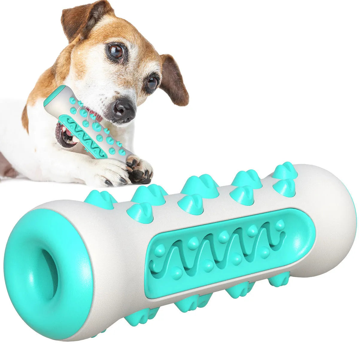 Natural rubber dog toothbrush chew toy with textured bristle surface in blue colour