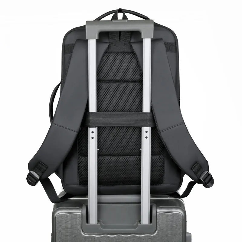 Men's large capacity waterproof backpack in black with curved shoulder straps