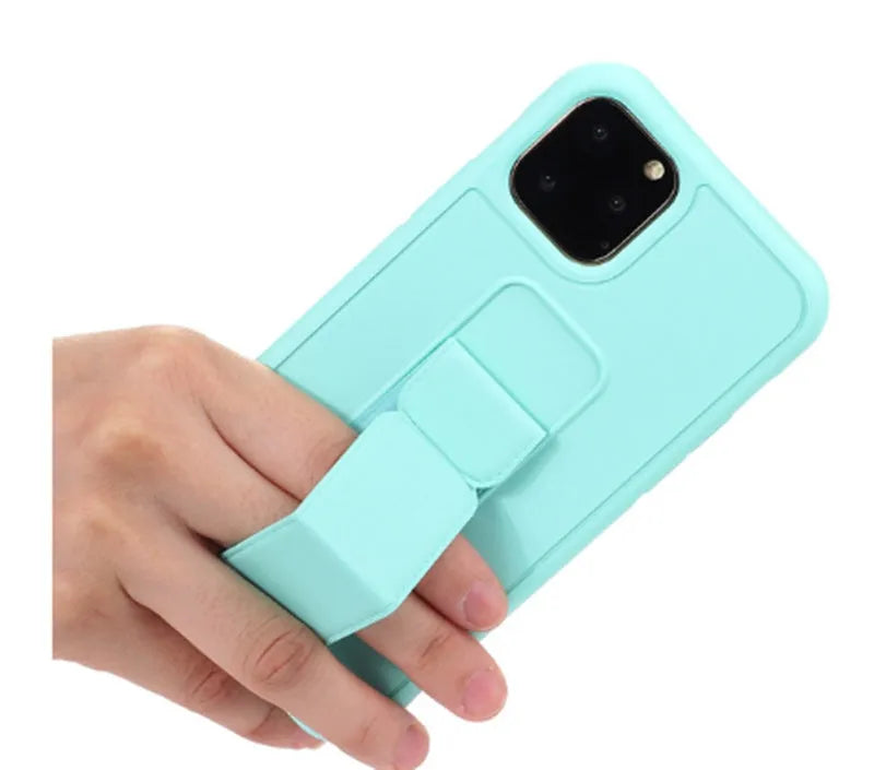 Leather wrist phone case for iPhone in black with TPU rear cover and wrist band