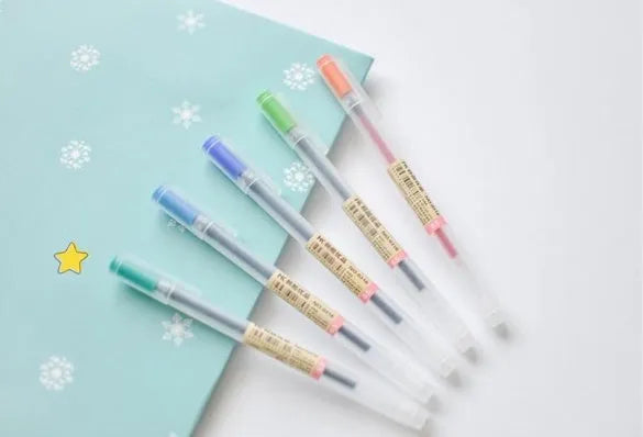 Muji 12-piece gel pen set with 0.5mm fine nib and blue aqueous ink.