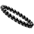 Black agate geometric bracelet with 8mm beads on a black elastic cord.