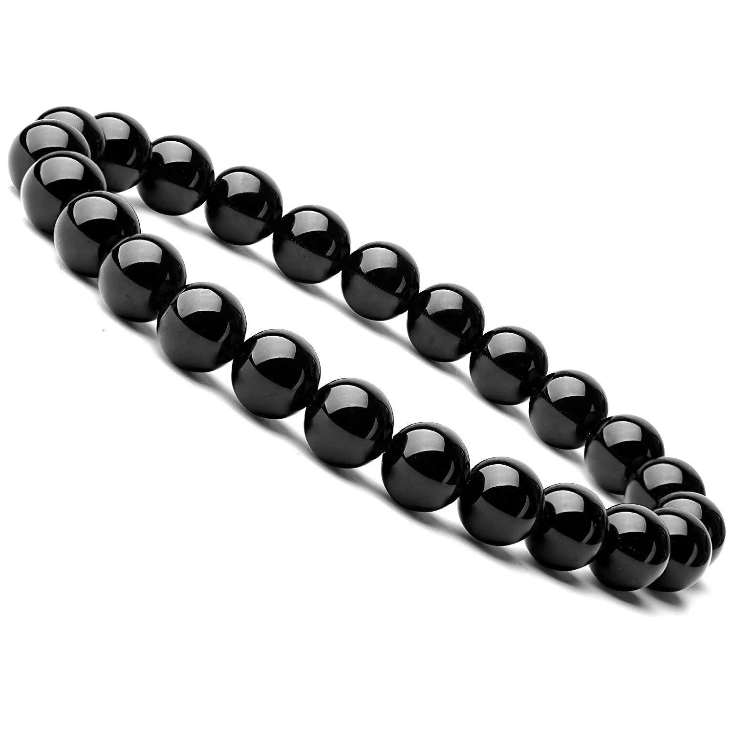 Black agate geometric bracelet with 8mm beads on a black elastic cord.