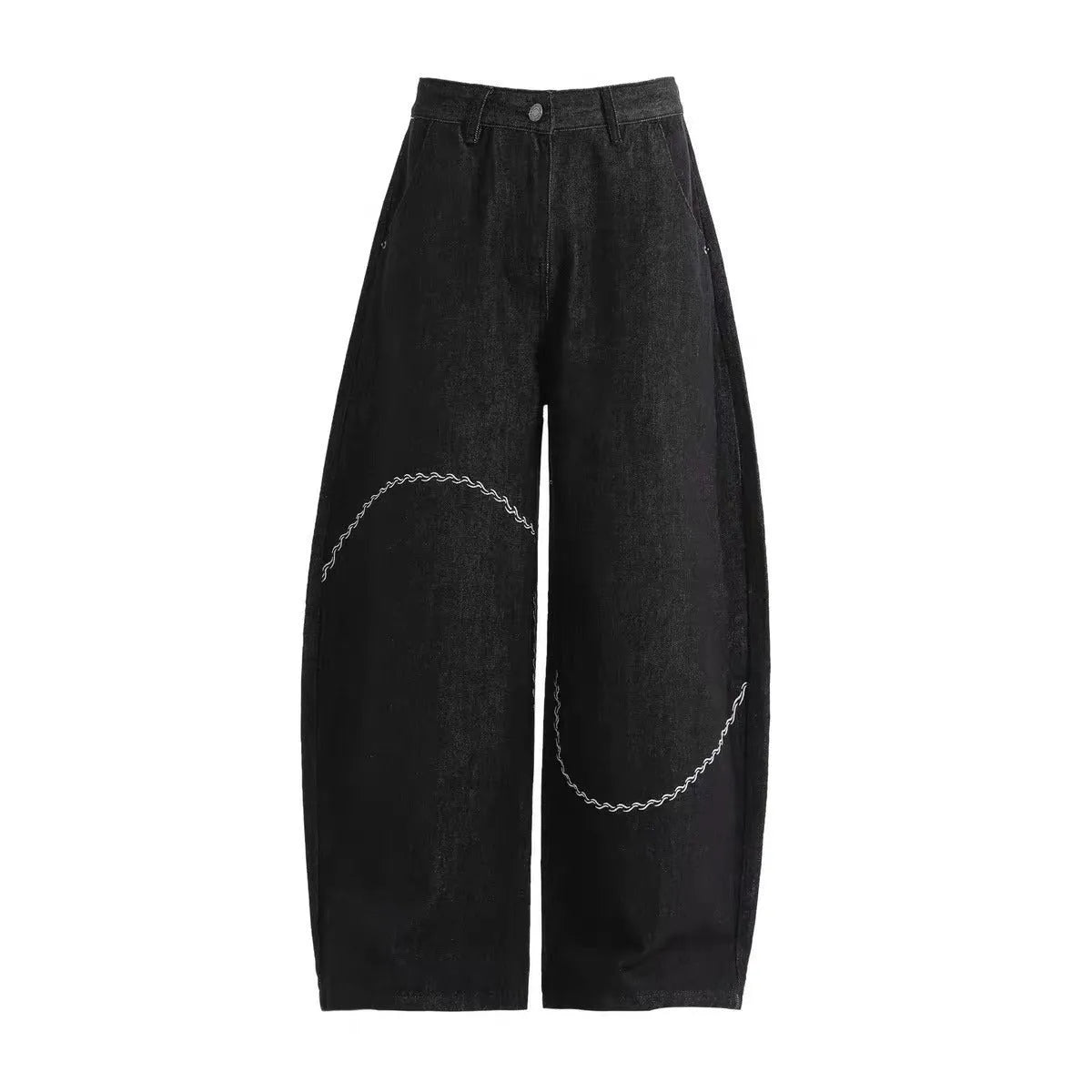 Black straight-leg denim trousers with a mid-waist fit and zip fly, laid flat.