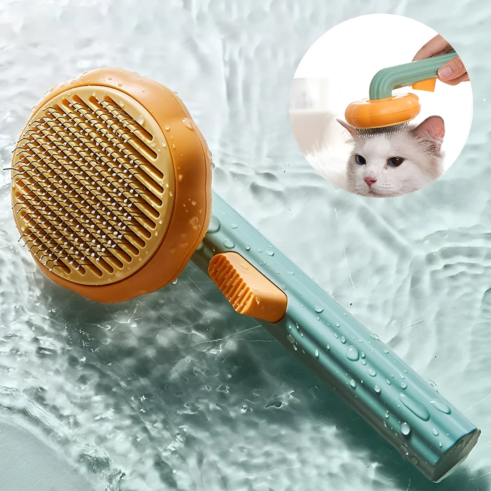 Pumpkin coloured pet grooming brush with curved stainless steel needles and a hand-held plastic handle.