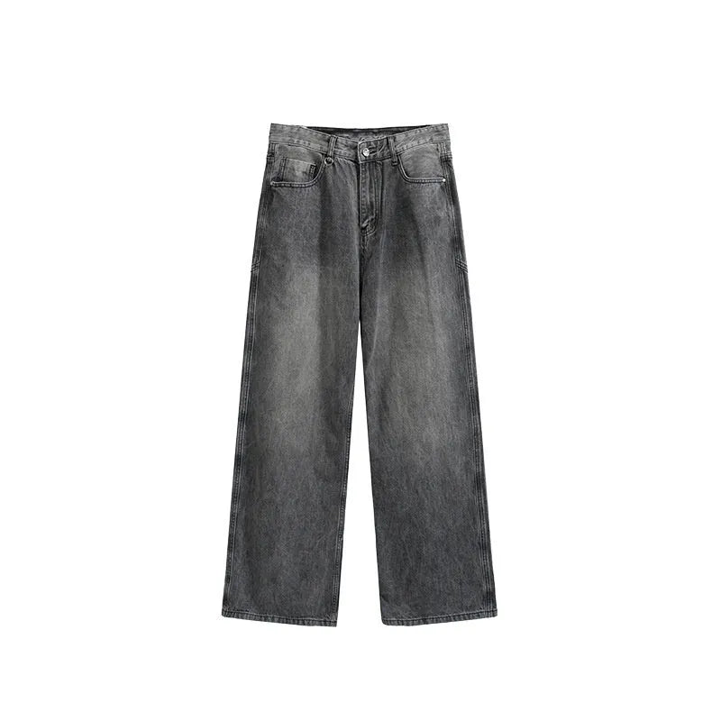 Men's washed cut wide leg jeans in straight leg style showing micro-elastic fabric and zipper fly